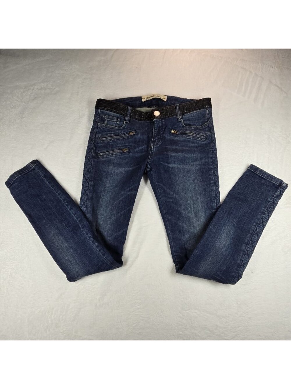 Etienne Marcel Blue Denim Moto Skinny Jeans Women 29 Leather Trim Zip Detail